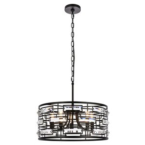 Maklaine Modern 18.5&quot Contemporary Iron and Crystal Pendant in Black