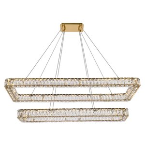 Maklaine Modern 50&quot Rectangle Crystal LED Double Pendant in Gold Finish