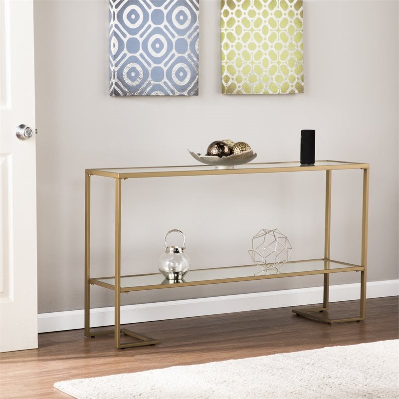 Maklaine Modern Narrow Mirrored Shelf Console in Gold Finish