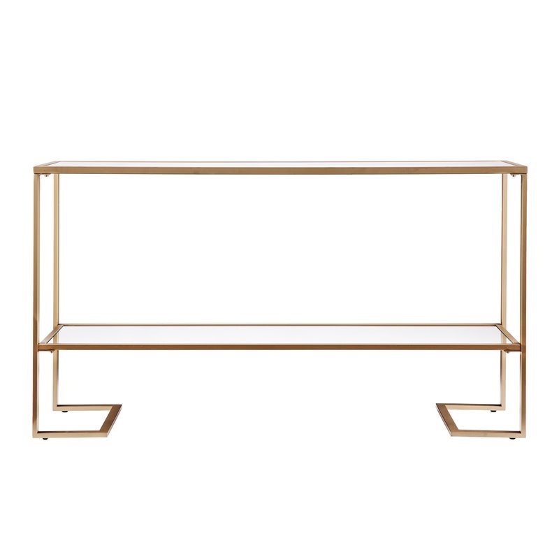 Maklaine Modern Narrow Mirrored Shelf Console in Gold Finish