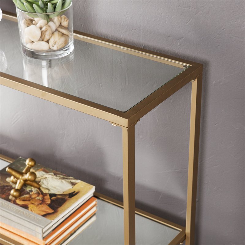 Maklaine Modern Narrow Mirrored Shelf Console in Gold Finish