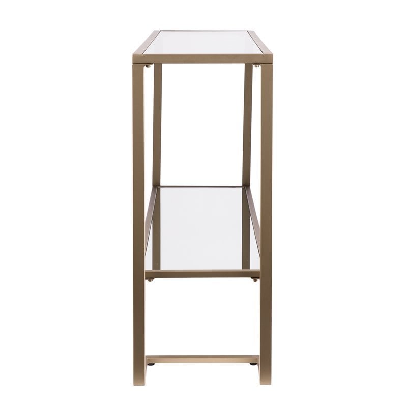 Maklaine Modern Narrow Mirrored Shelf Console in Gold Finish