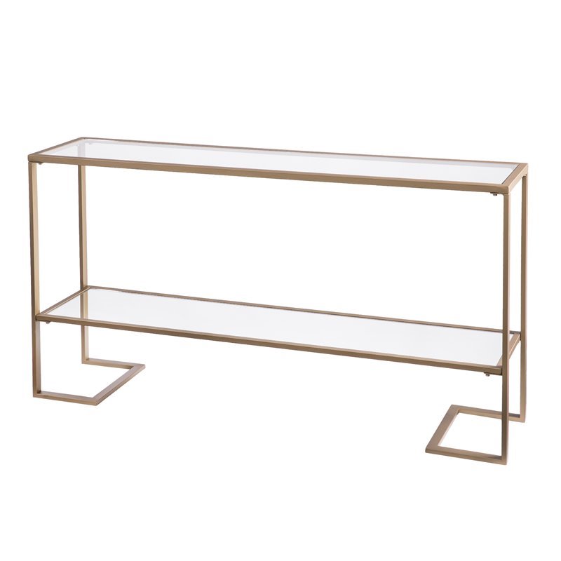 Maklaine Modern Narrow Mirrored Shelf Console in Gold Finish