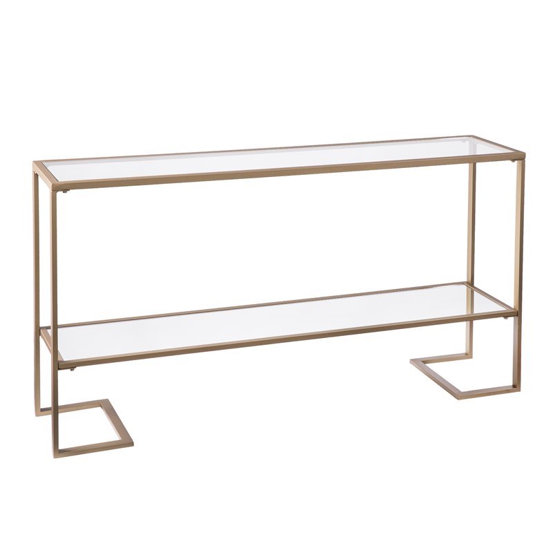 Maklaine Modern Narrow Mirrored Shelf Console in Gold Finish