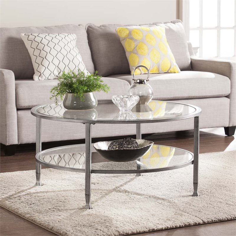Maklaine Modern Round Glass Top Coffee Table in Silver Finish