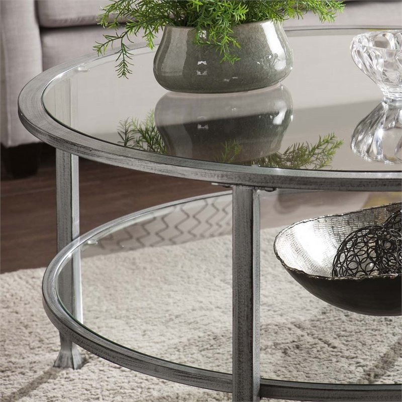Maklaine Modern Round Glass Top Coffee Table in Silver Finish