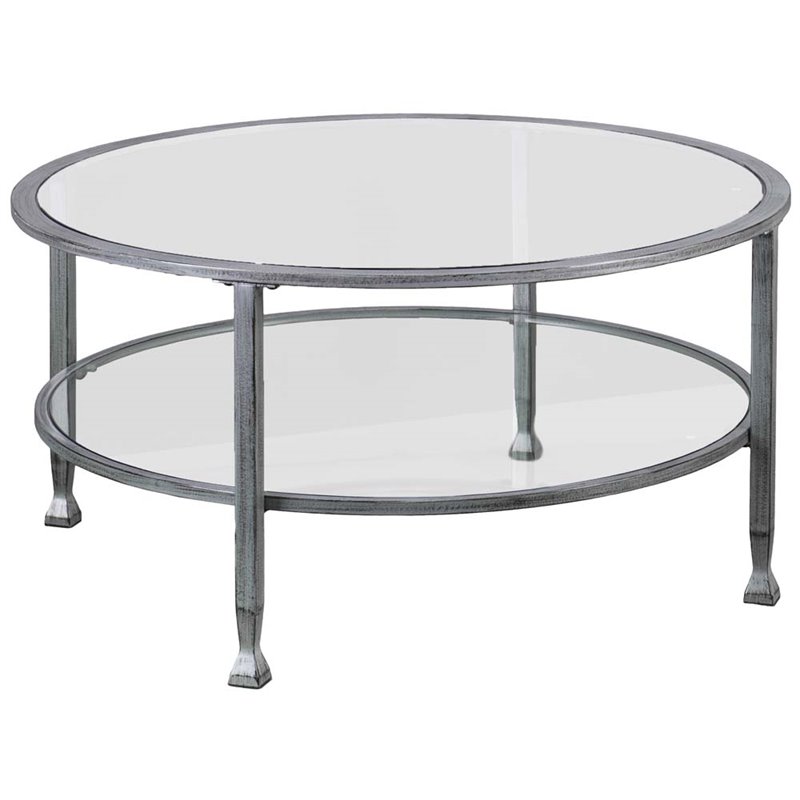 Maklaine Modern Round Glass Top Coffee Table in Silver Finish