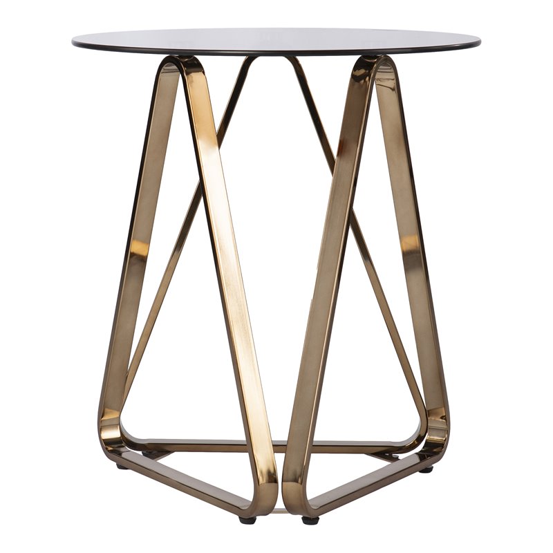 Maklaine Round End Table in Champagne Finish with Smoked Glass