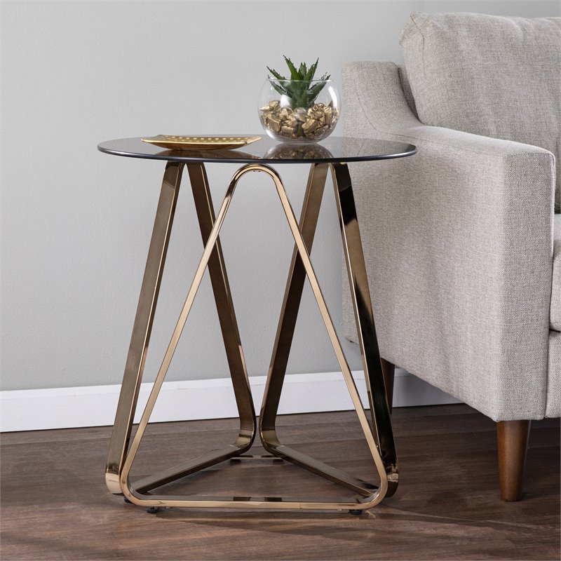 Maklaine Round End Table in Champagne Finish with Smoked Glass