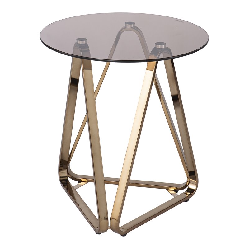 Maklaine Round End Table in Champagne Finish with Smoked Glass