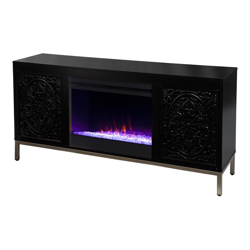 Maklaine Color Changing Fireplace Console with Media Storage in Black/Champagne