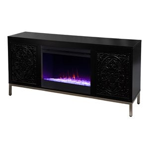 Maklaine Color Changing Fireplace Console with Media Storage in Black/Champagne