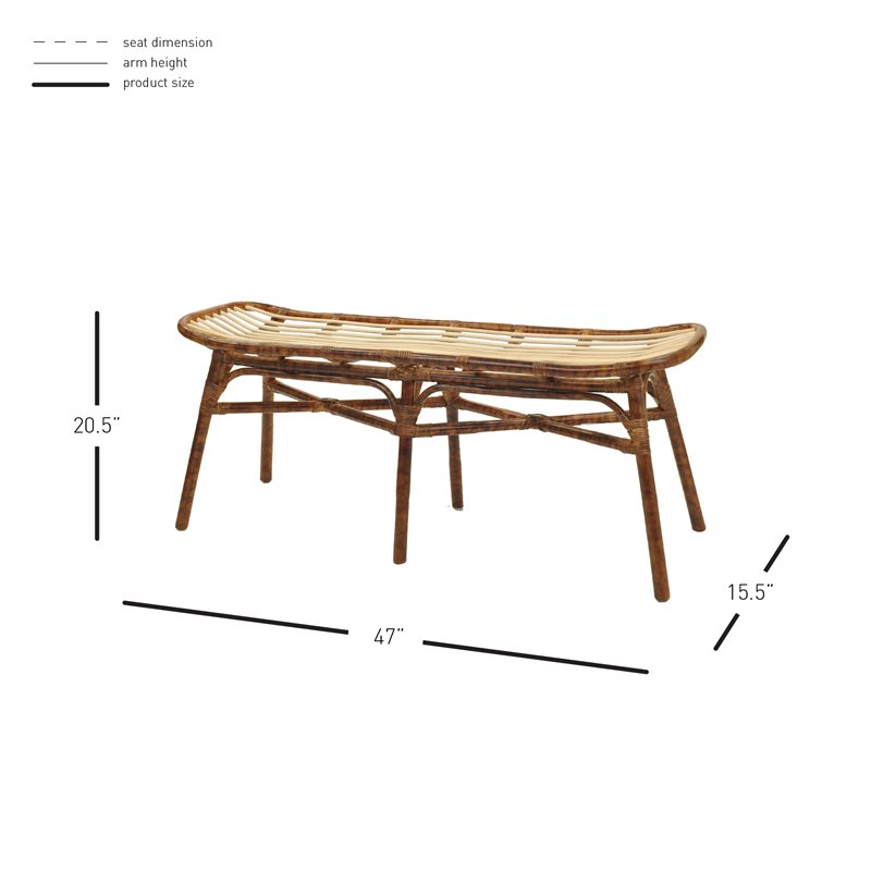 Maklaine Modern Rattan Bench with Curving Seat in Marble Brown