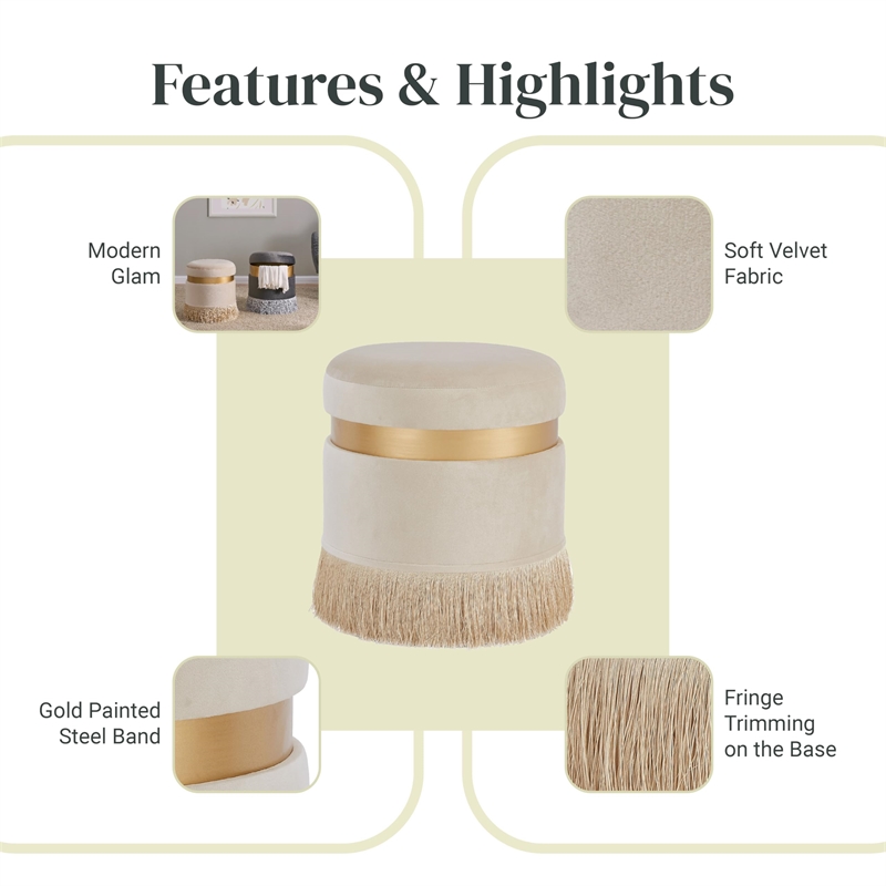 Maklaine Round Contemporary Velvet Storage Ottoman in Serene Cream/Gold