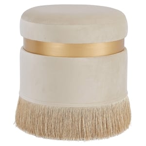 Maklaine Round Contemporary Velvet Storage Ottoman in Serene Cream/Gold