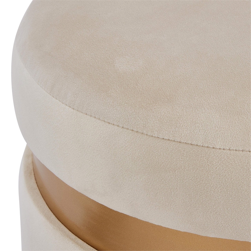 Maklaine Round Contemporary Velvet Storage Ottoman in Serene Cream/Gold