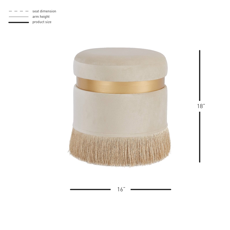 Maklaine Round Contemporary Velvet Storage Ottoman in Serene Cream/Gold