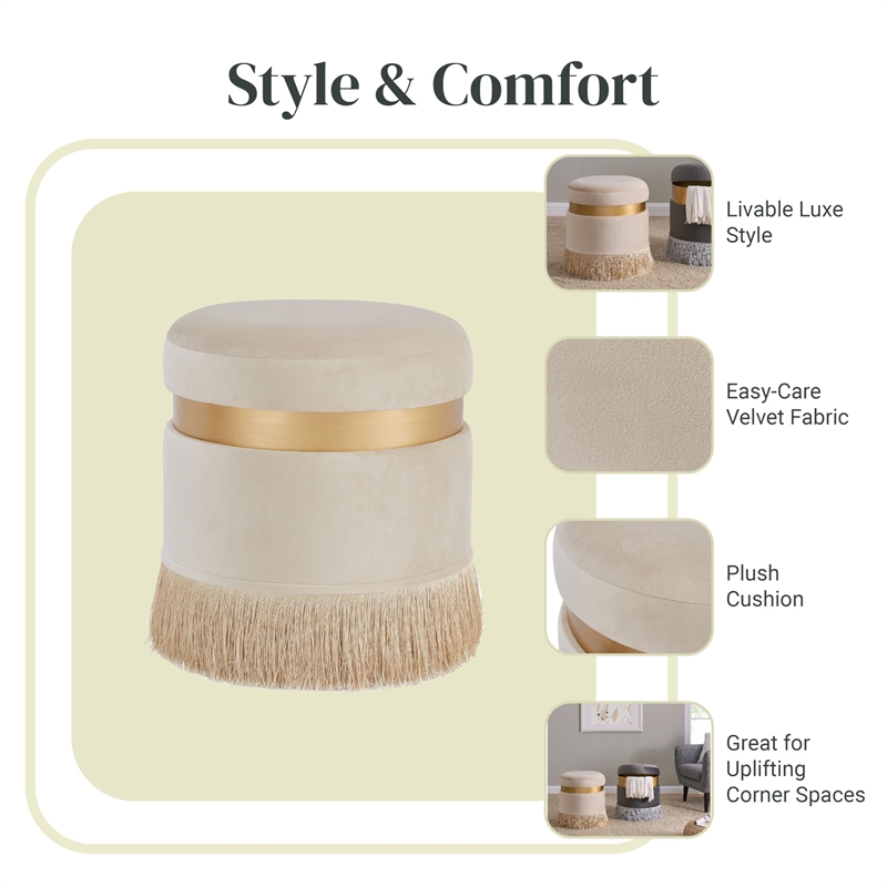 Maklaine Round Contemporary Velvet Storage Ottoman in Serene Cream/Gold