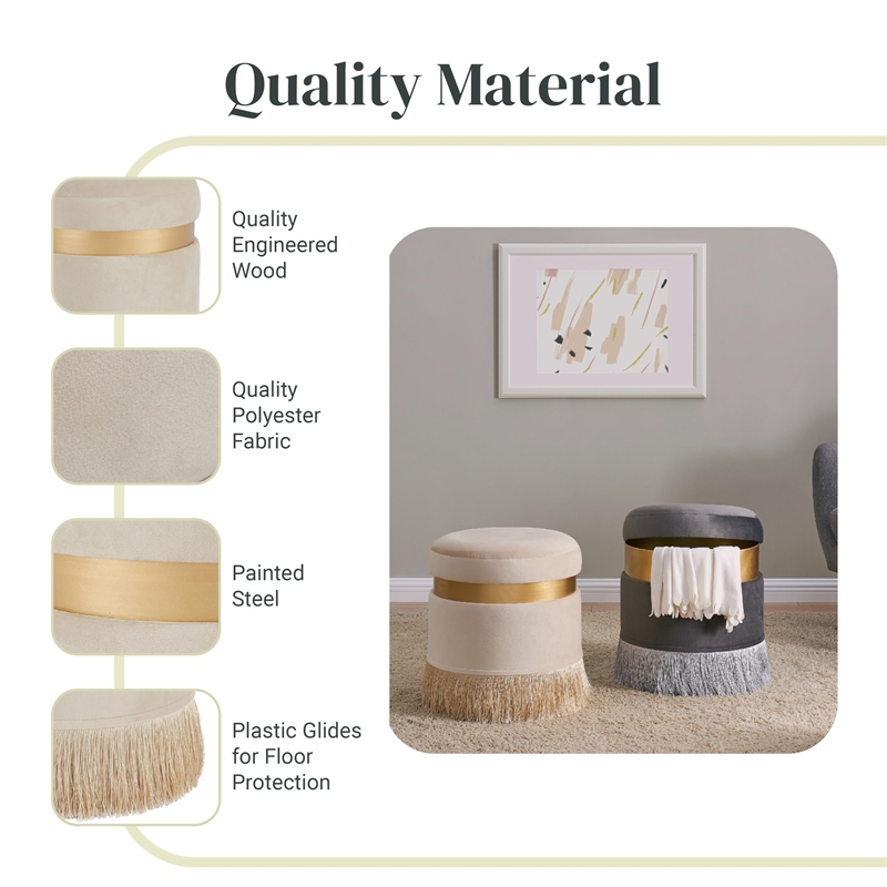 Maklaine Round Contemporary Velvet Storage Ottoman in Serene Cream/Gold