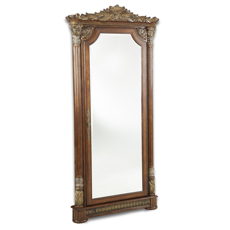Maklaine Wood Floor Mirror with Storage - Classic Chestnut