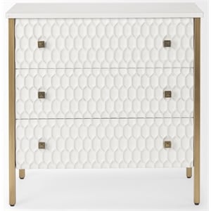 Maklaine White Wood Fir Veneer and Gold 3 Drawer Cabinet