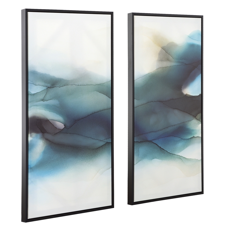 Maklaine Canvas Fabric Watercolor Arts in Navy/Teal (Set of 2)
