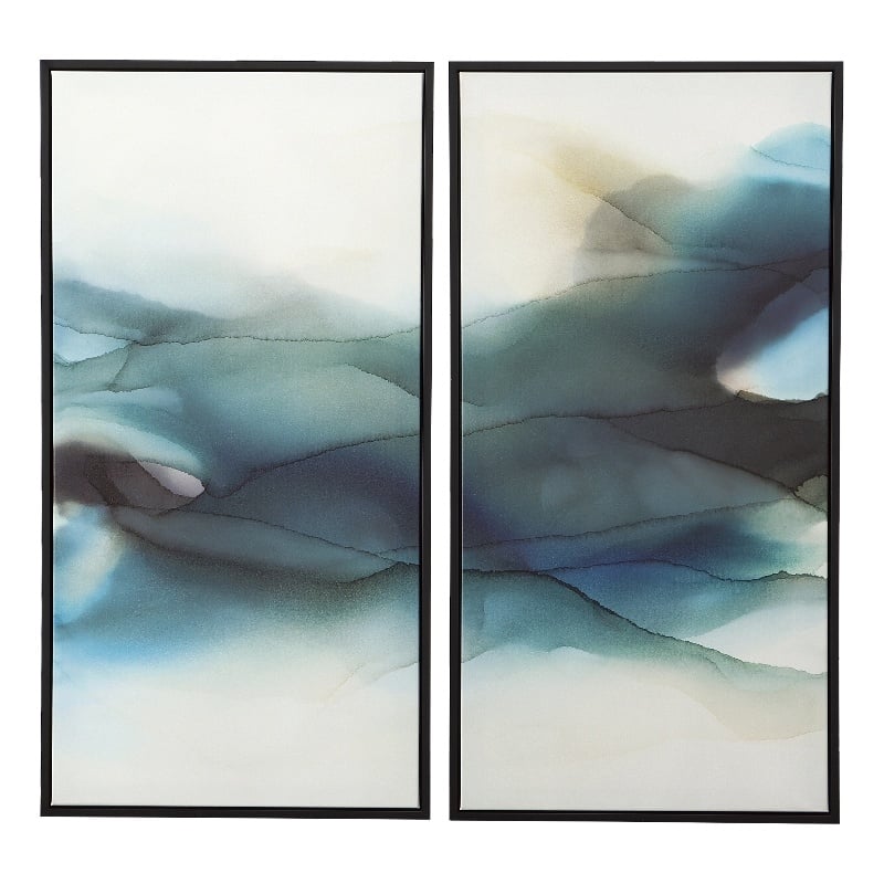 Maklaine Canvas Fabric Watercolor Arts in Navy/Teal (Set of 2)