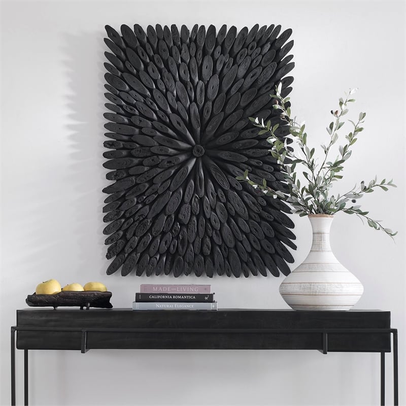 Maklaine Handcrafted Contemporary Wood Wall Decor in Rustic Black