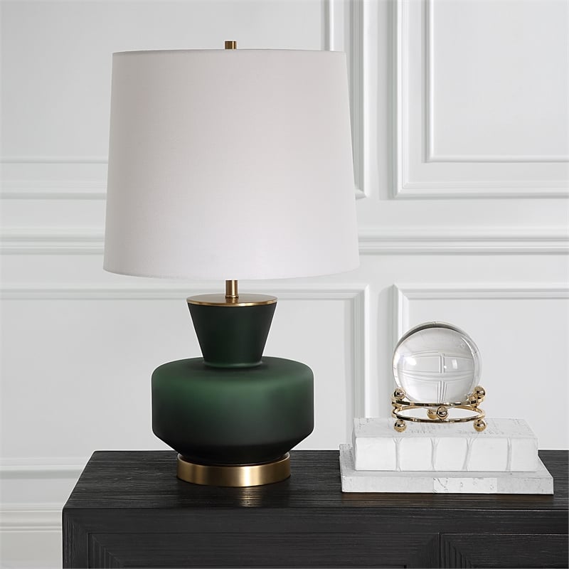 Maklaine 1-Light Glass & Fabric Table Lamp in White/Emerald Green