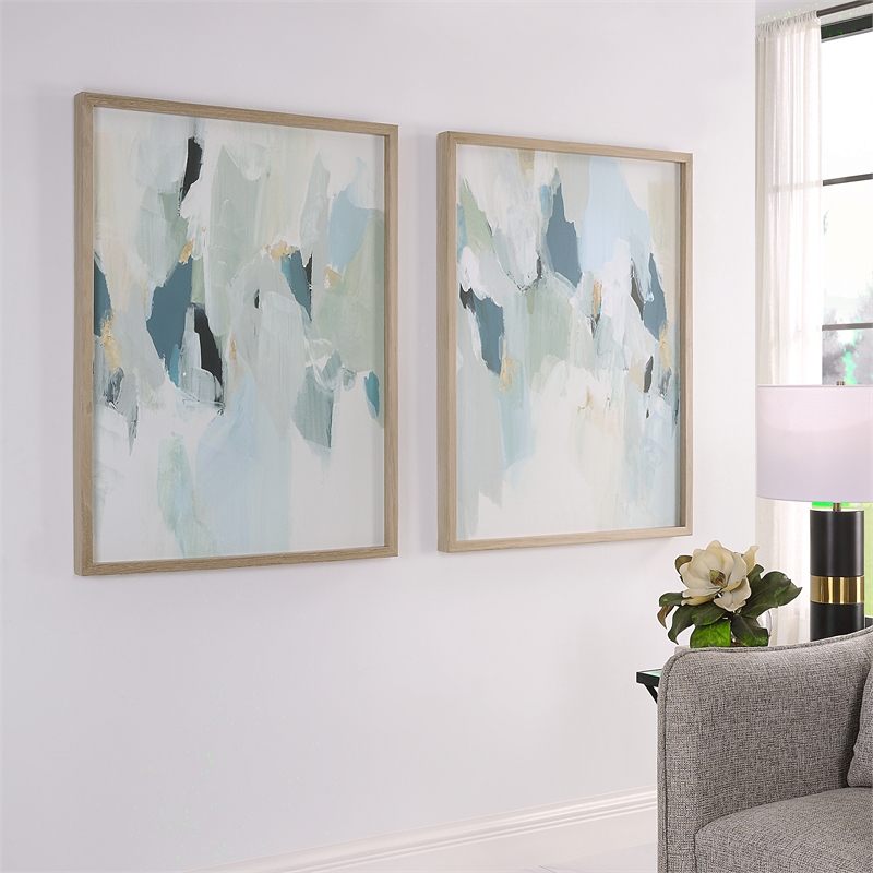 Maklaine Coastal Wood Canvas Fabric Prints in Blue/Gray (Set of 2)