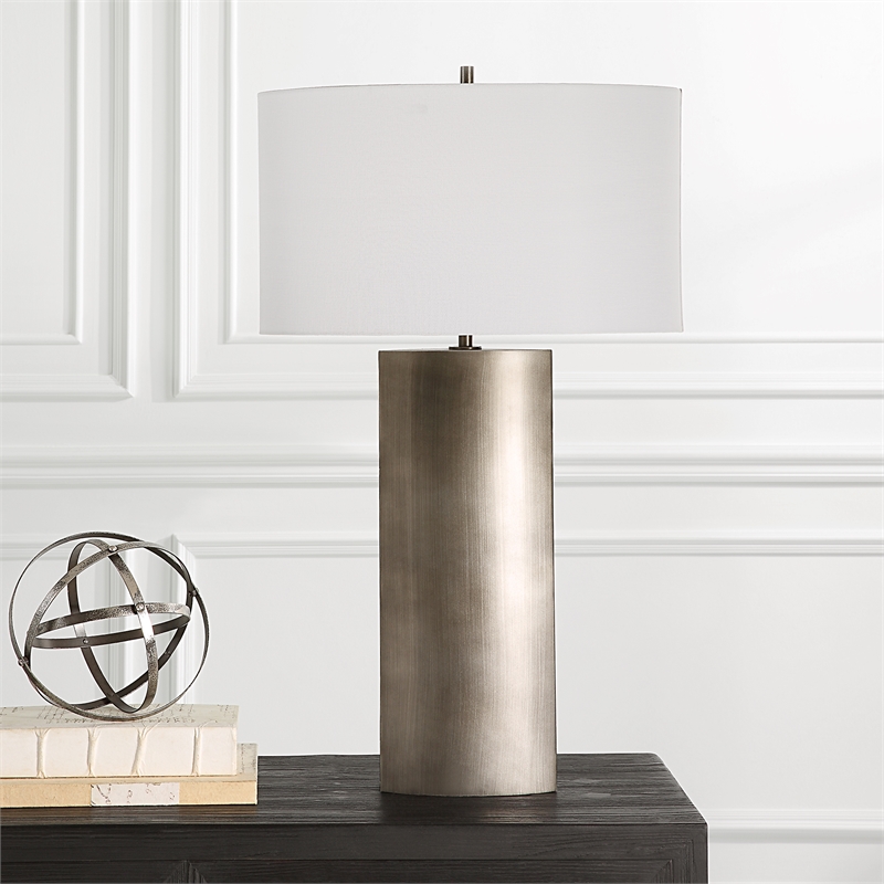 Maklaine 1-Light Contemporary Metal & Fabric Table Lamp in Gray/White