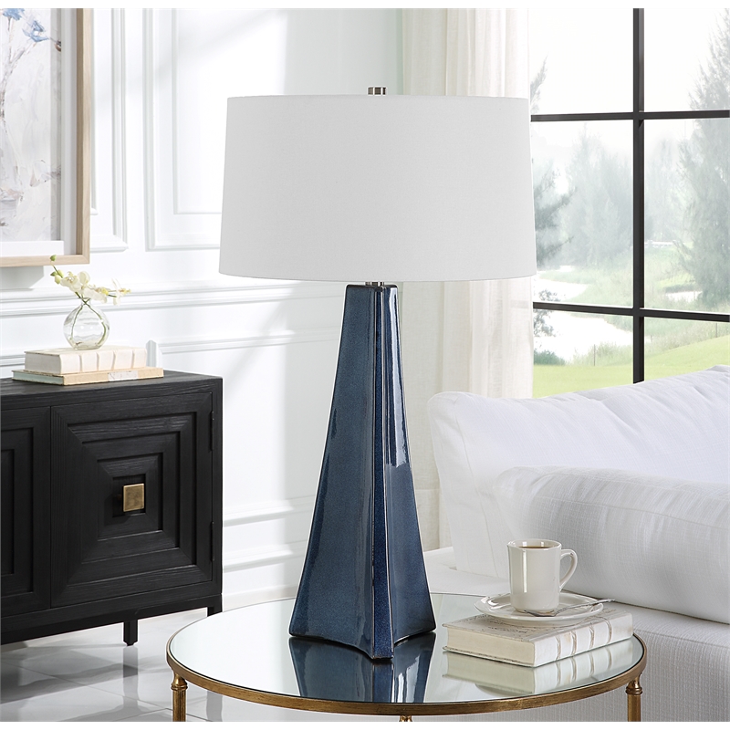 Maklaine 1-Light Ceramic & Fabric Table Lamp in White/Distressed Blue