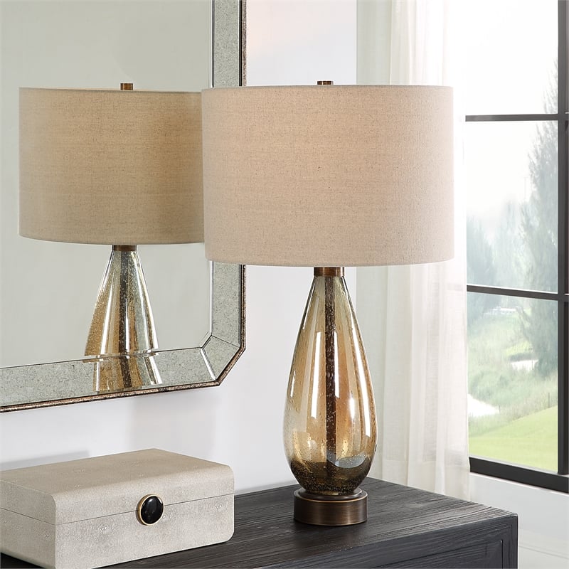 Maklaine 1-Light Glass & Fabric Table Lamp in Light Beige/Rustic Bronze