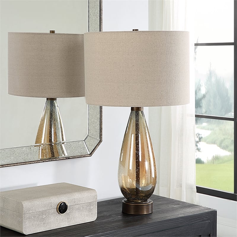 Maklaine 1-Light Glass & Fabric Table Lamp in Light Beige/Rustic Bronze