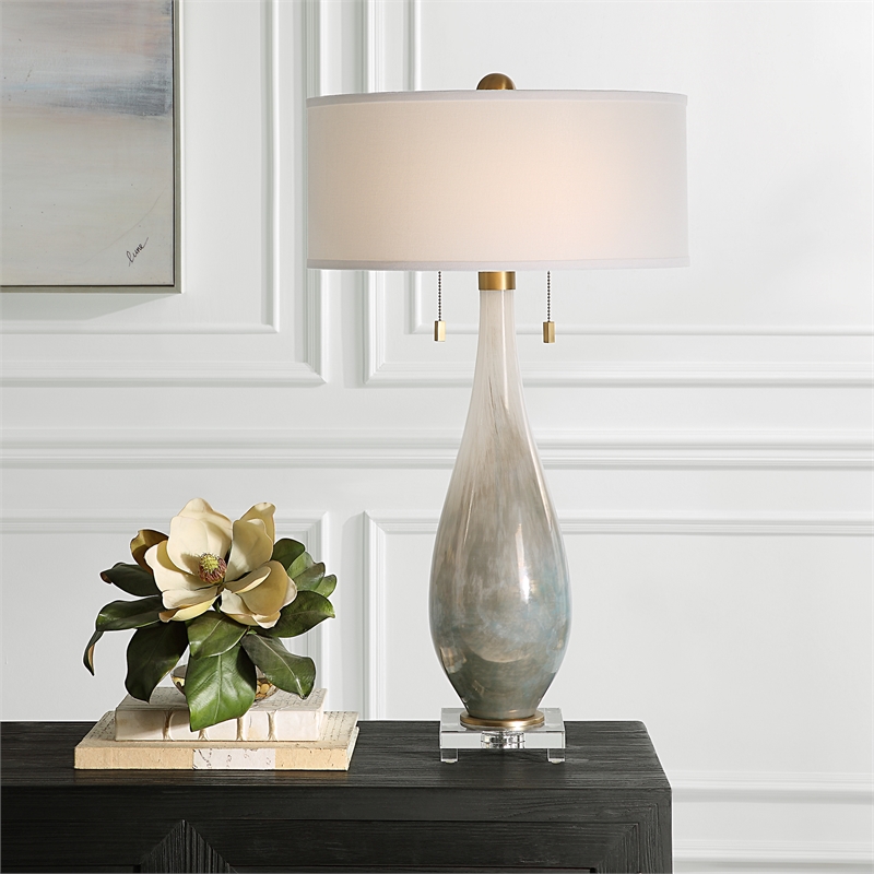 Maklaine 2-Light Transitional Fabric & Glass Table Lamp in White/Bronze