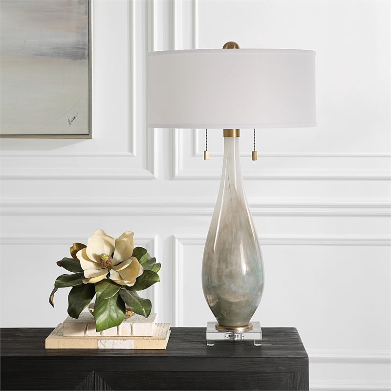 Maklaine 2-Light Transitional Fabric & Glass Table Lamp in White/Bronze