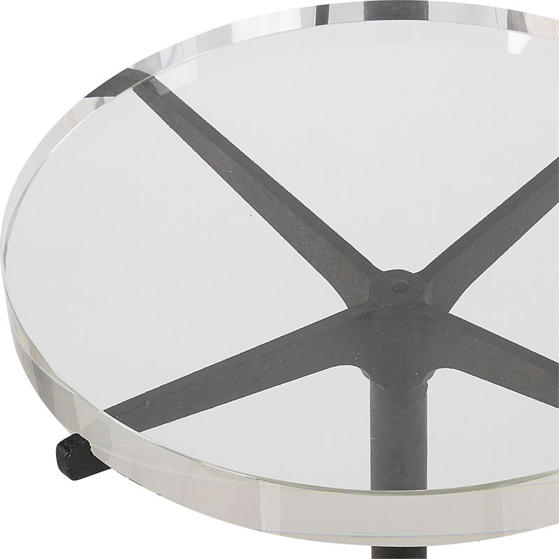 Maklaine Contemporary Metal & Crystal Accent Table in Rustic Brown/Clear