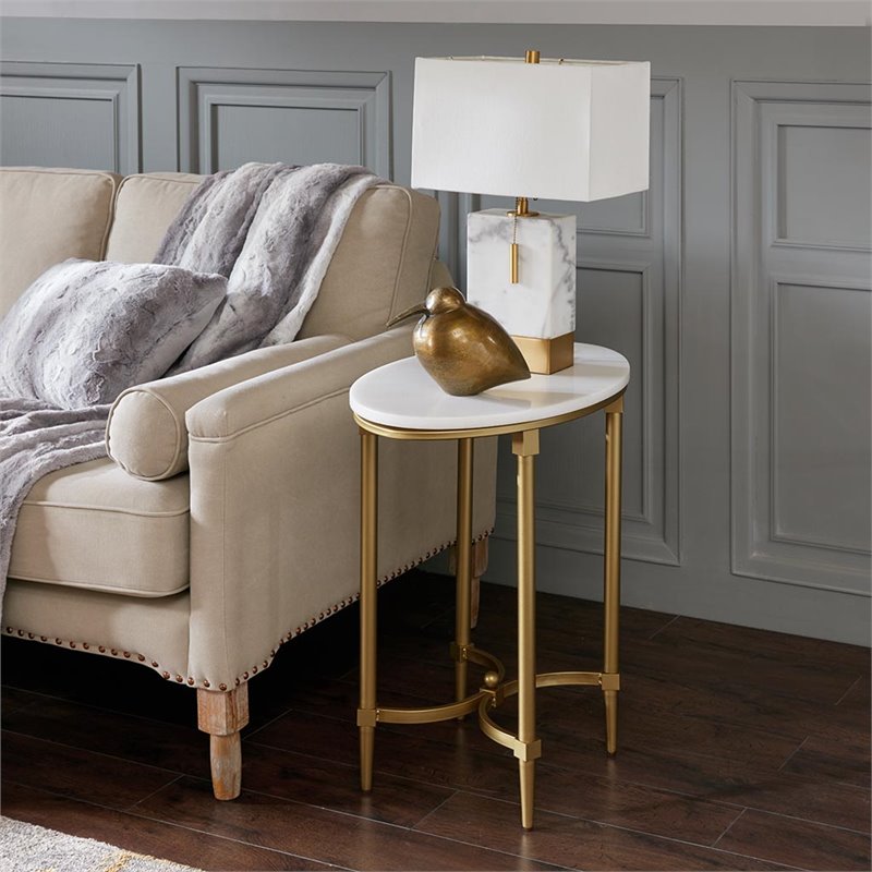 Maklaine Traditional Metal and Marble End Table in White/Gold