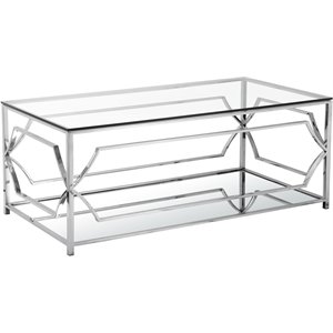 Maklaine Metal Rectangle Coffee Table with Glass in Silver Finish
