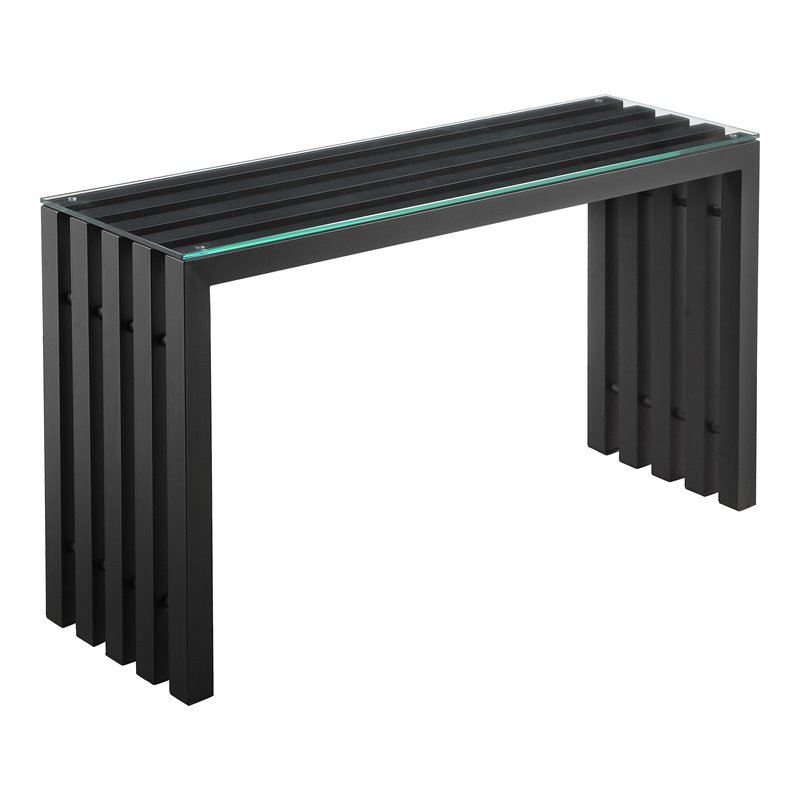 Maklaine Modern Metal & Tempered Glass Console Table in Black