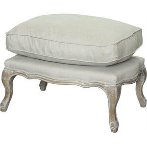 Maklaine 20&quot Wood Ottoman in Antique White & Beige Linen Fabric