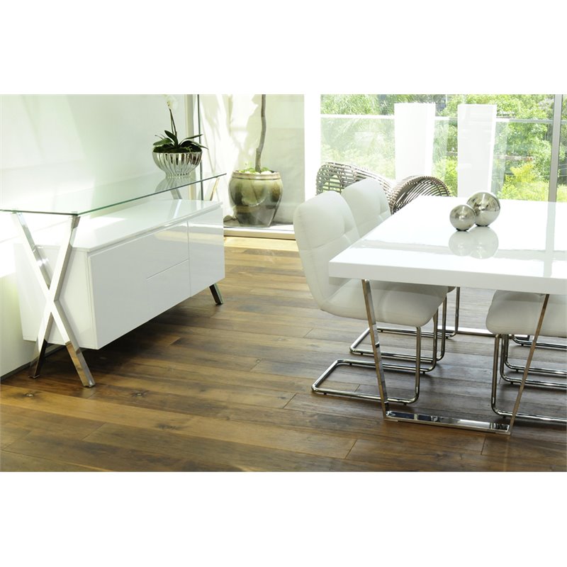 Maklaine Modern Wood Veneer & High Polished Steel Buffet in White