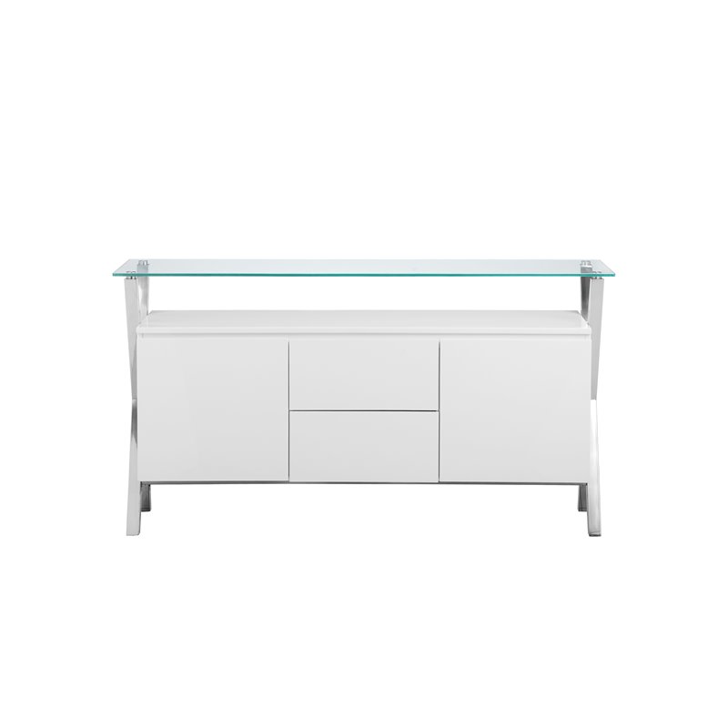 Maklaine Modern Wood Veneer & High Polished Steel Buffet in White