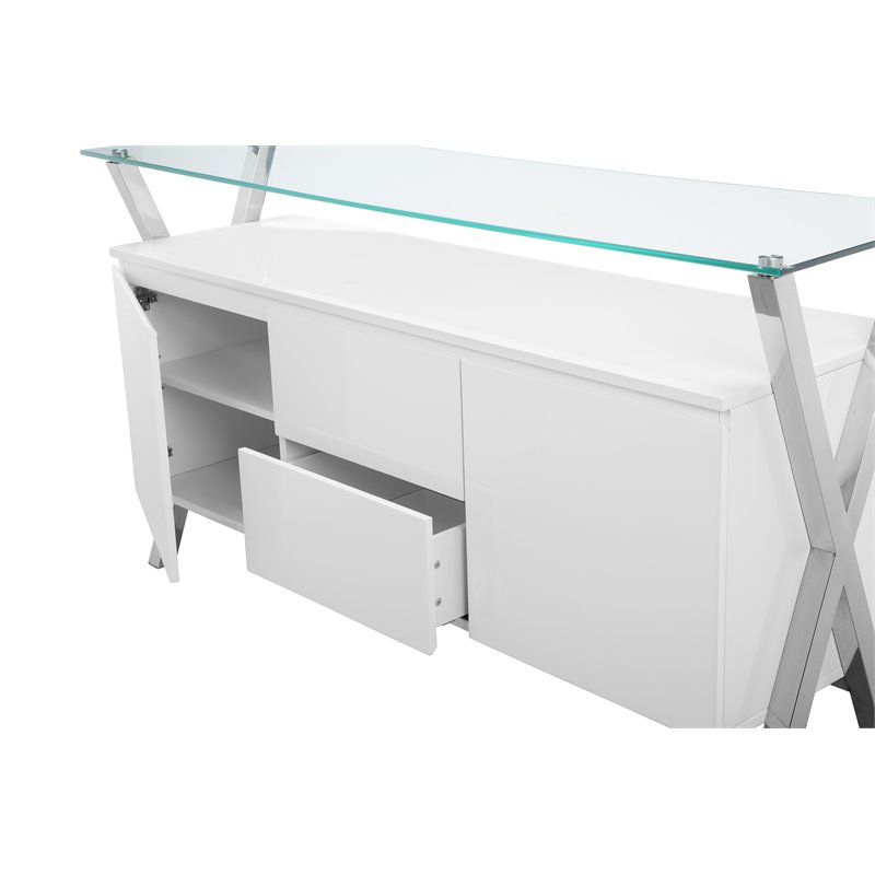 Maklaine Modern Wood Veneer & High Polished Steel Buffet in White