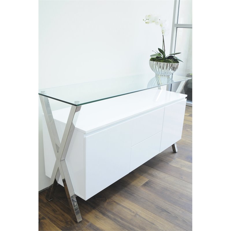 Maklaine Modern Wood Veneer & High Polished Steel Buffet in White