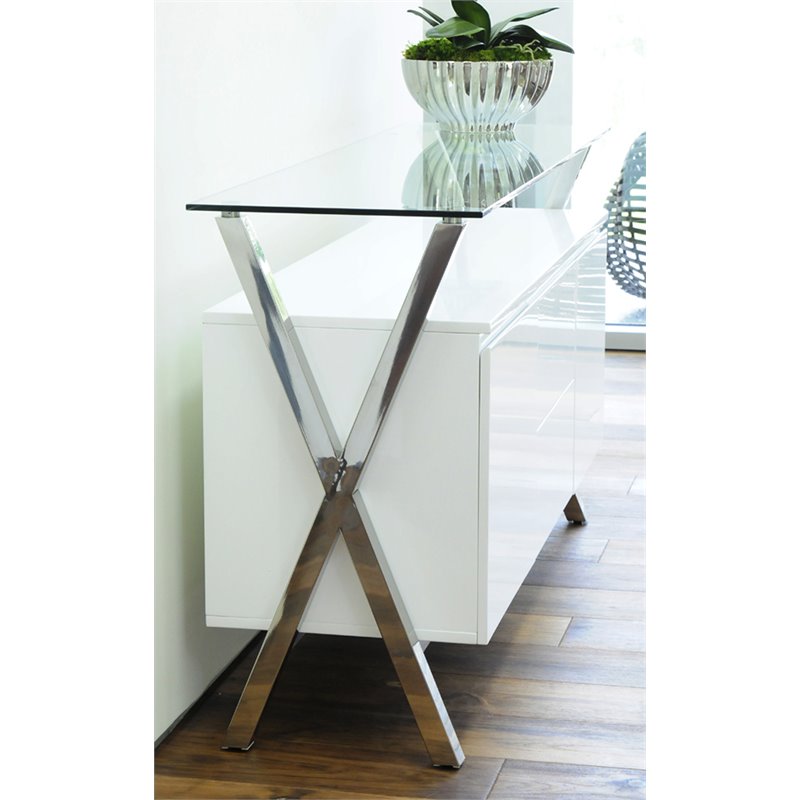 Maklaine Modern Wood Veneer & High Polished Steel Buffet in White