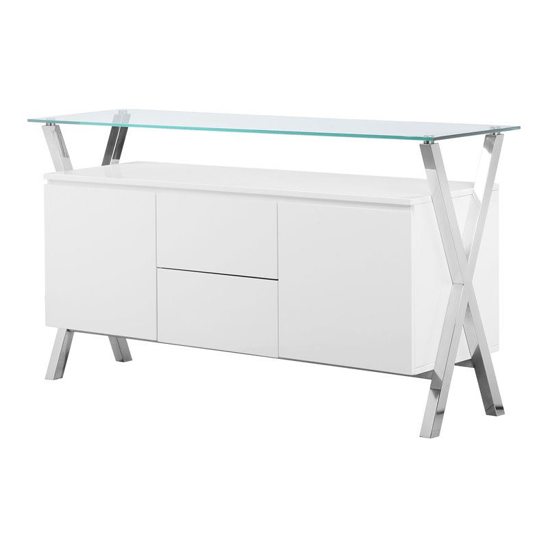 Maklaine Modern Wood Veneer & High Polished Steel Buffet in White