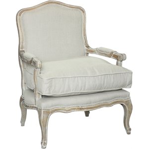 Maklaine 24&quot Wood Lounge Chair in Antique White & Beige Linen Fabric