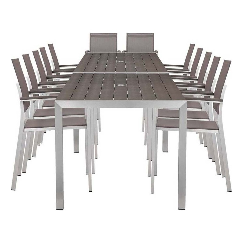 Maklaine 14-Piece Modern Aluminum Dining Set in Gray and Brush Finish