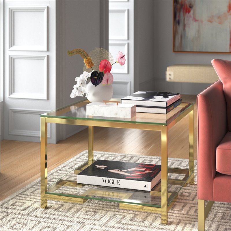 Maklaine Metal Side Table with Tempered Glass in Hand Polished Gold